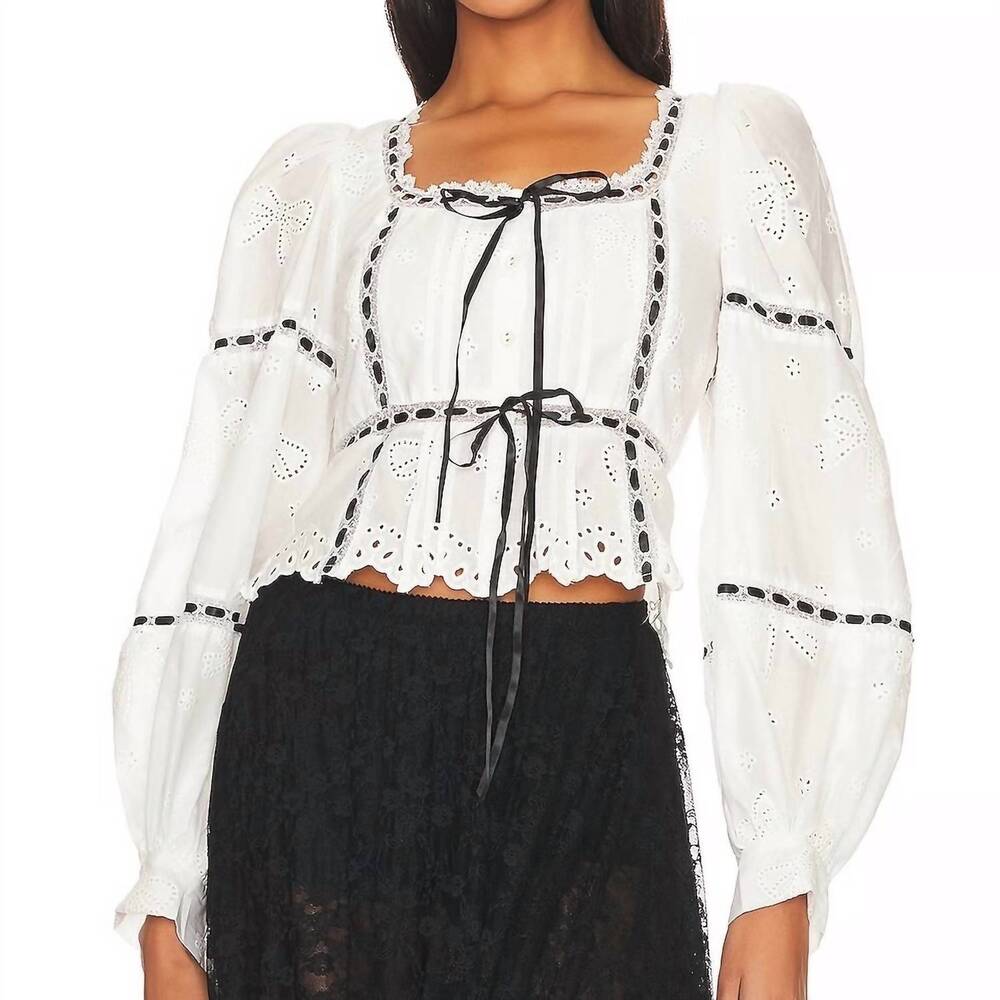 FOR LOVE & LEMONS rowan eyelet blouse; White Eyelet w/Black Ribbon - Size Large